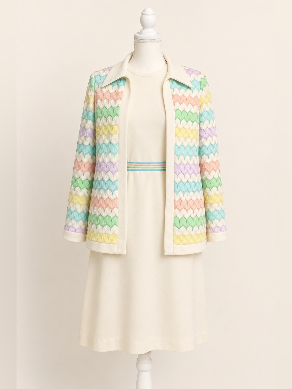 Montgomery Ward • Vintage 1970s Pastel Chevron Dress & Jacket Set • Est. size M